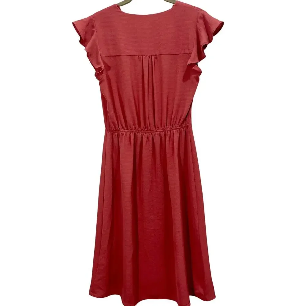 Monteau Salmon Pink Casual Midi Slip Dress Flutter Sleeves Button Front Size XS - Picture 4 of 9